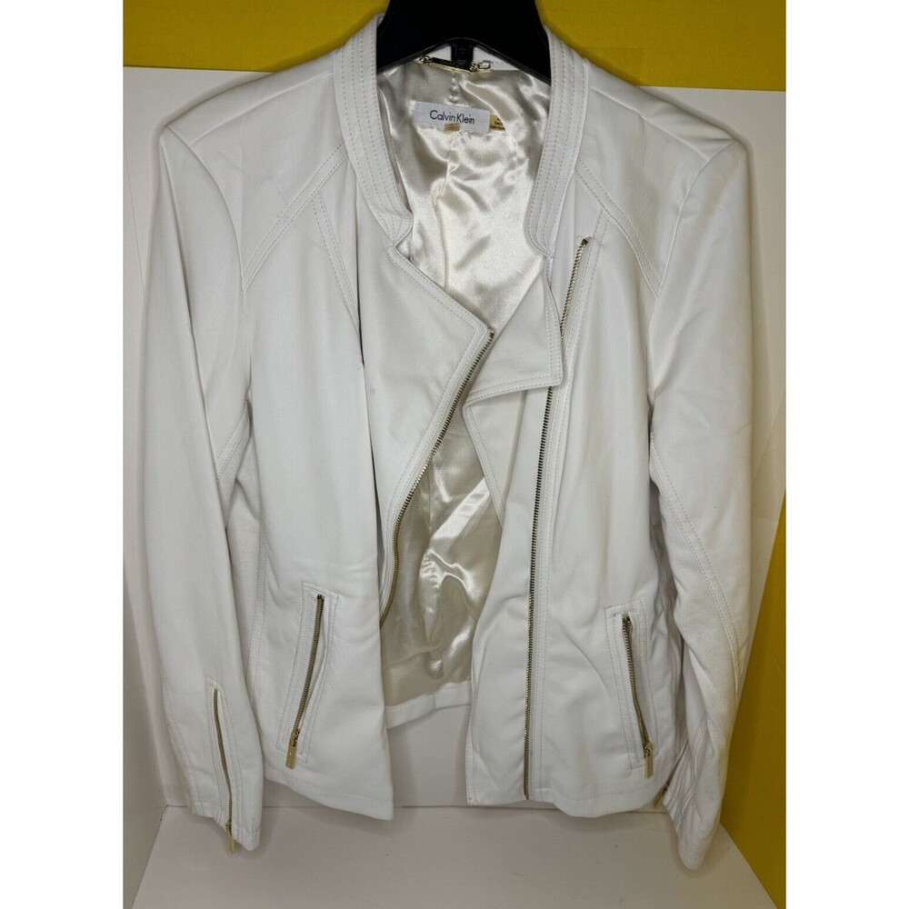 Calvin Klein Faux Leather Jacket Womens Large White Full Zip Lined Gold Accents